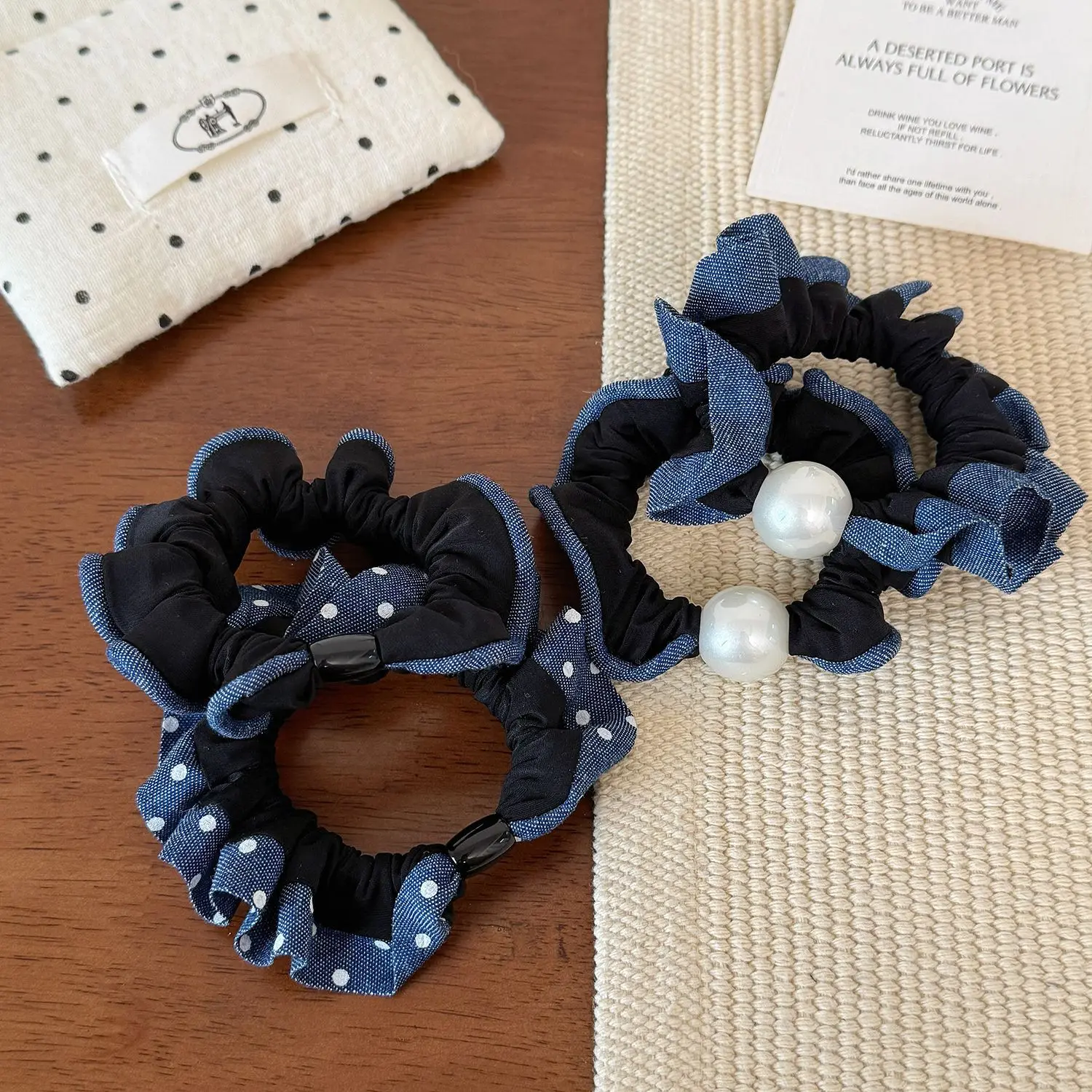 

Premium Denim Lace Pearl Mini Scrunchie Soft High Elasticity Durable Hair Ties for Women Low Ponytail Bun Holder