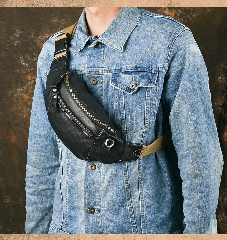 Bolso de pecho de cuero genuino para hombre, bandolera informal, bandolera negra con cinturón de espera, bolso de diseñador de lujo para viaje