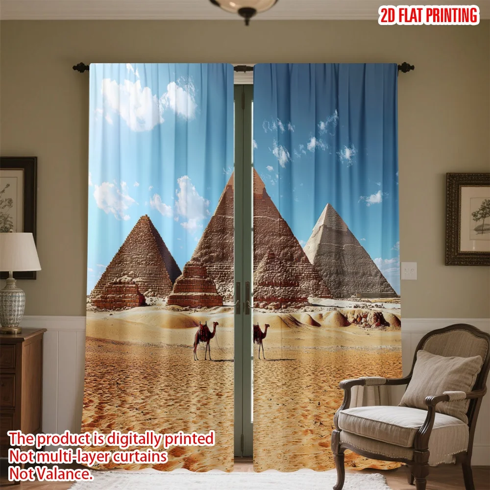

2D flat printing 2pcs Window Curtains Camels by Pyramids Digital Printed Polyester Drapes Festive Curtains Perfect for Holiday