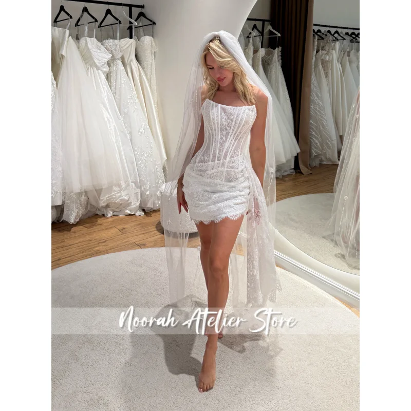 Charming Lace Mini Wedding Dress Strapless Mermaid Pleat Detachable Train US Woman Bridal Gown Customized Vestido de novia