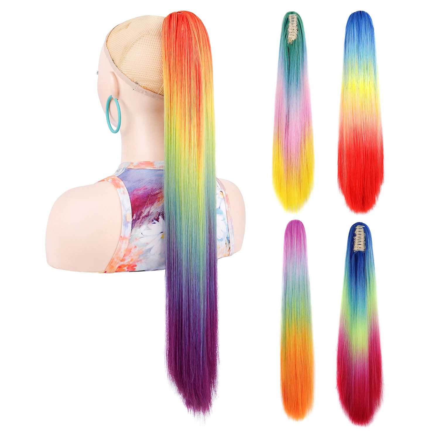 

Ponytail Hair Extension Straight Rainbow Ombre Pony Tail Synthetic Ponytails Cosplay Hairpieces Daily Party Looks