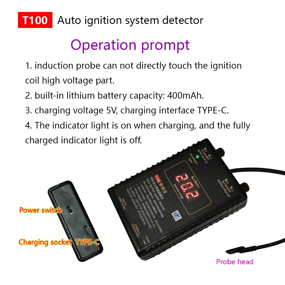 T100 12V 24V Auto Ignition System Detector Ignition Signal and Spark Voltage Tester