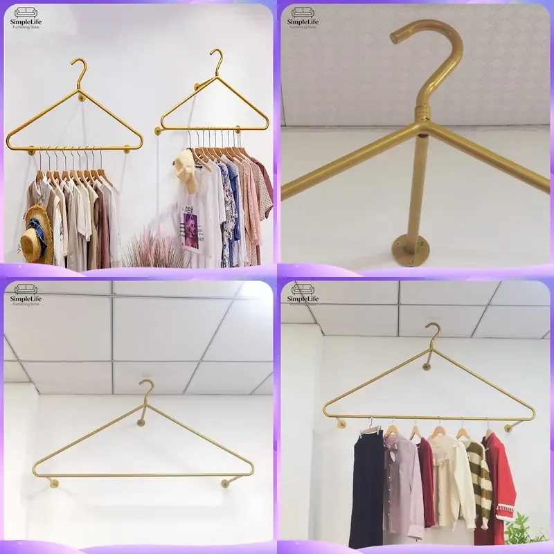 Gold Metal Wall Mounted Clothing Rack Heavy Duty Coat Hanger Organizer Display Shelf for Bedroom Entryway Closet Storage