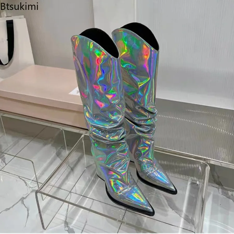Spring/Autumn Fashion Women's Mirror Face Thick High Heel Mid Boot Pointed High Boot Banquet Party Colorful Over Knee Long Boot