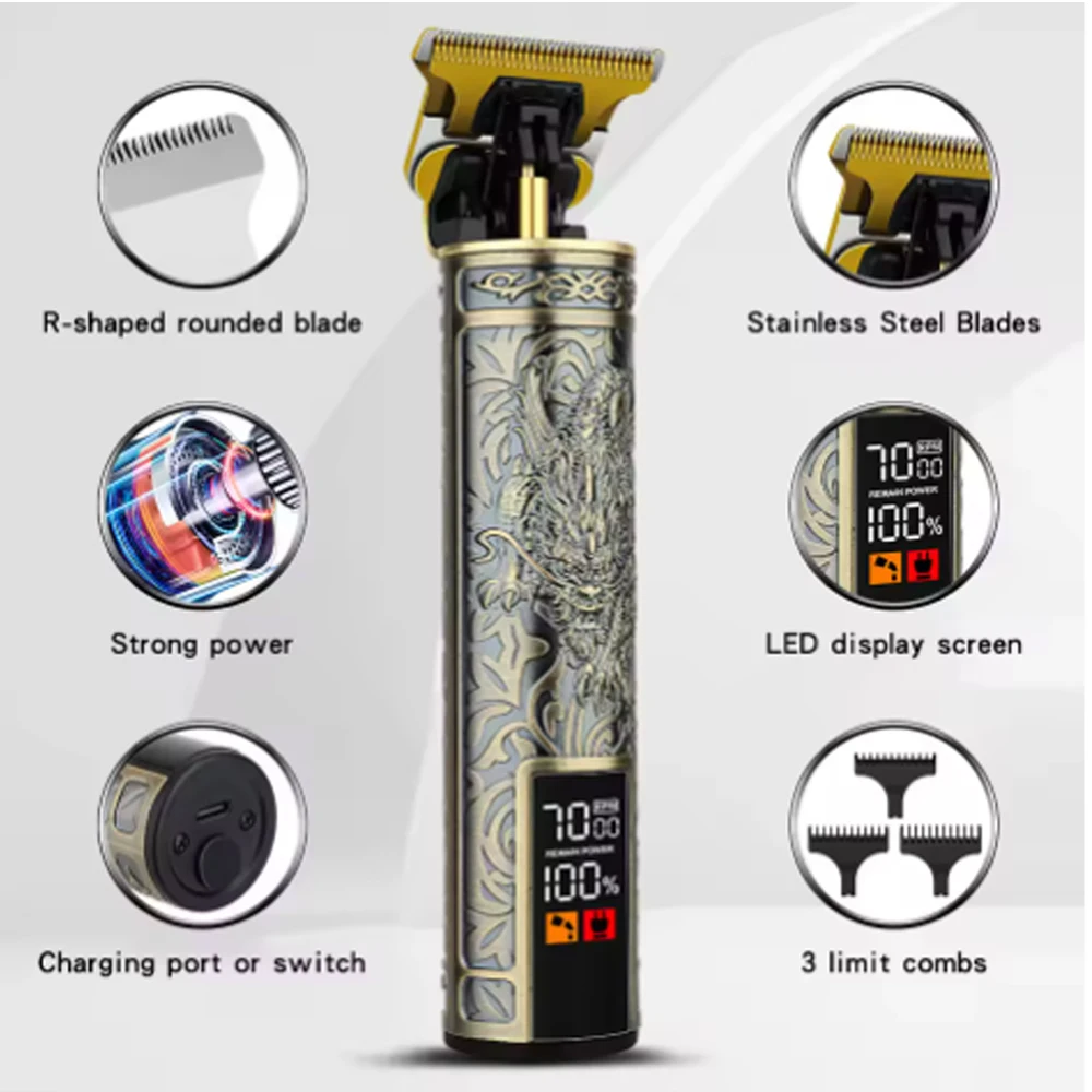 Vintage T9 hair clippers for barber shop Hair cutting machine Electric trimmer led hair clipper Dragon carving Shaver Beard