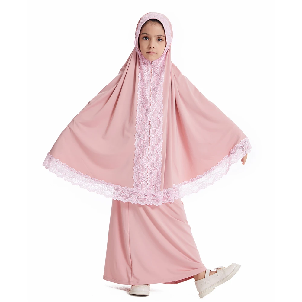 2Pcs Muslim Kids Girl Lace Eid Hooded Hijab Abaya Robe Khimar Tops Skirt Suit Islam Prayer Garment Dress Kaftan Ramadan Clothing