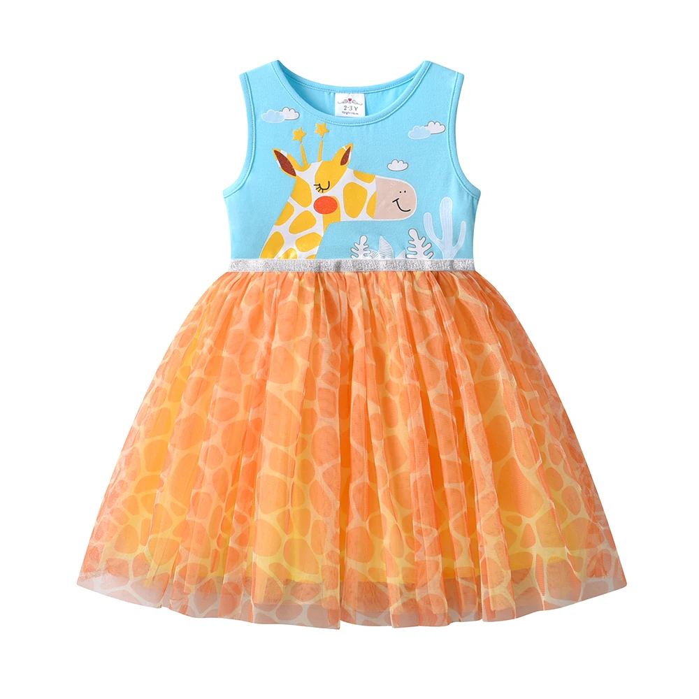 DXTON Cotton Children Dress For Girls Giraffe Sleeveless Princess Dress Plaid Mesh Patchwork Animal Print Toddler Daily Costumes