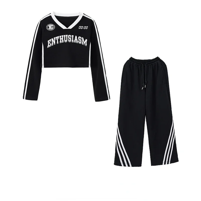 Vêtements de brevJazz et Hip Hop pour Fille, Ensemble de brevde Rue Rose à Manches sulf, Pantalon Baggy Noir, Vêtements de Compétition pour Spectacle de Groupe pour Enfant