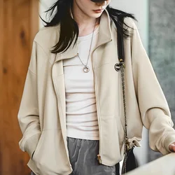Maden Women's Zipper Hoodies Waffle Ribbed Cuff Casual Jackets Harajuku Sweatshirts Half-high Stand-up Collar Coats Streetwear