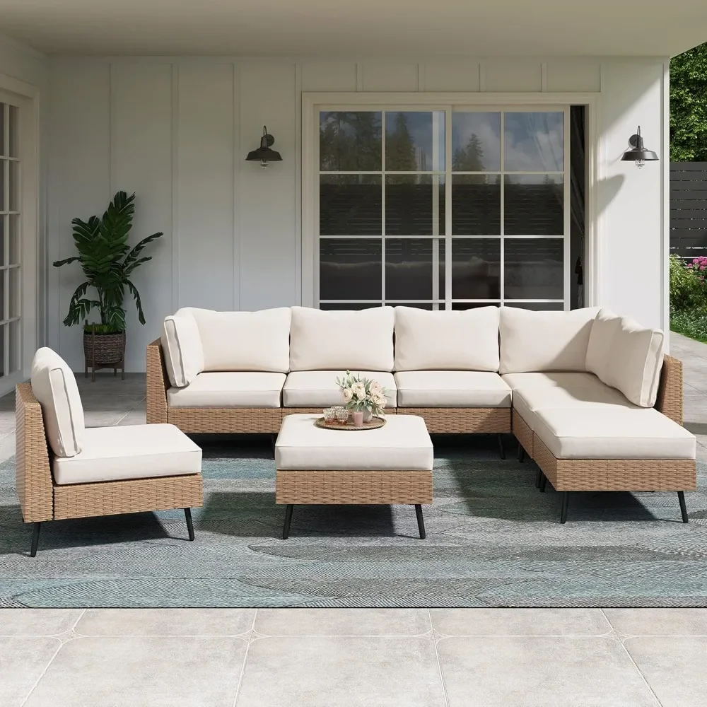 

Outdoor Patio Furniture, 8 Piece Sectional Sofa PE Rattan Patios Conversation Sets with Thick Cushions, Outdoor Patio Furniture