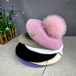 2024 New Women's AutumnWinter Versatile Fox Hair Ball Knitted Hat Rabbit Hair Knitted Beret Ear Protector Warm Headcap