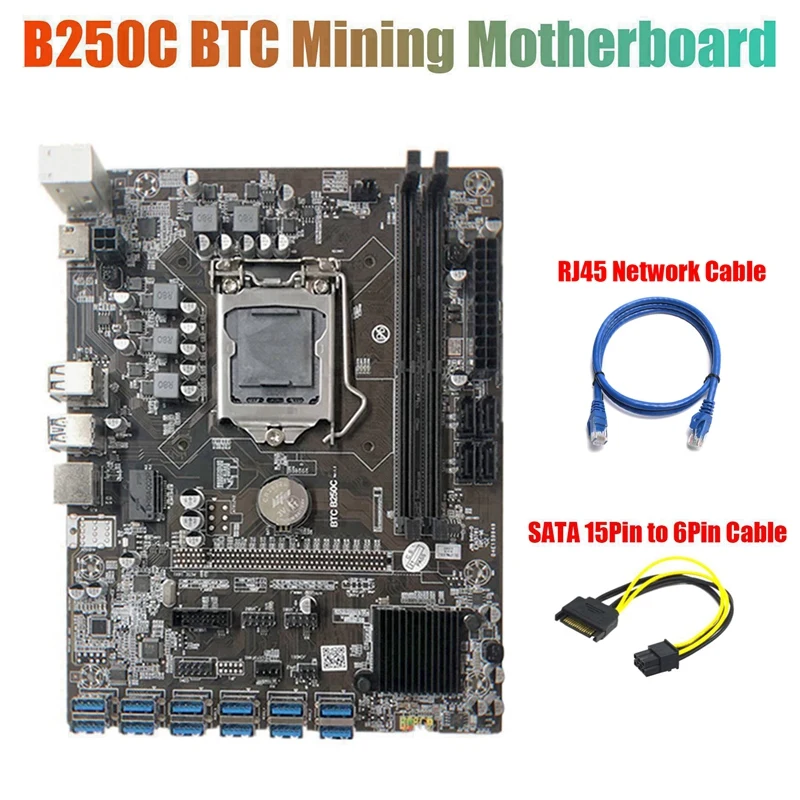 B250C Miner Motherboard+SATA 15Pin To 6Pin Cable+RJ45 Cable 12 PCIE To USB3.0 GPU Slot LGA1151 DDR4 For BTC Mining