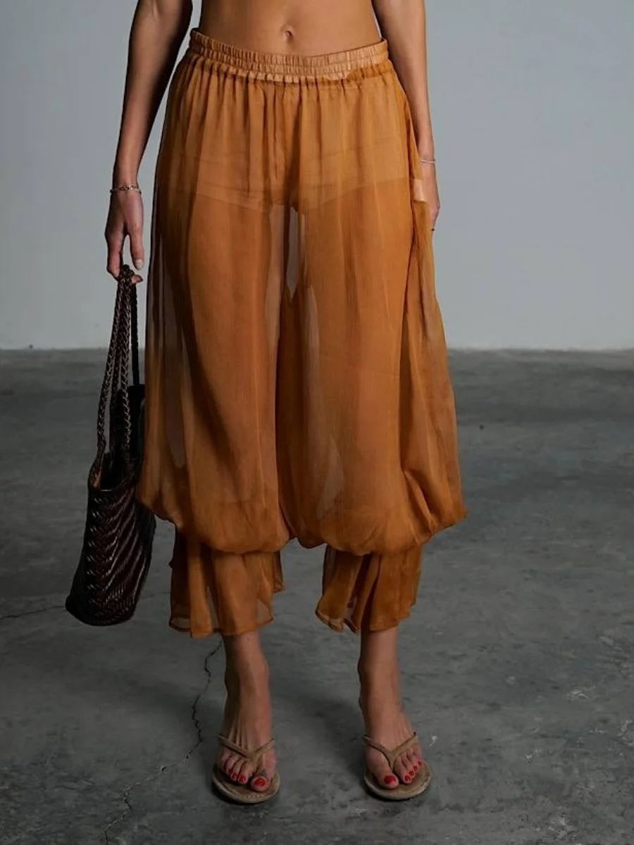 

Y2K сетчатые белые шаровары, женские летние брюки с эластичной резинкой на талии, модные прозрачные брюки на шнуровке, женская уличная одежда