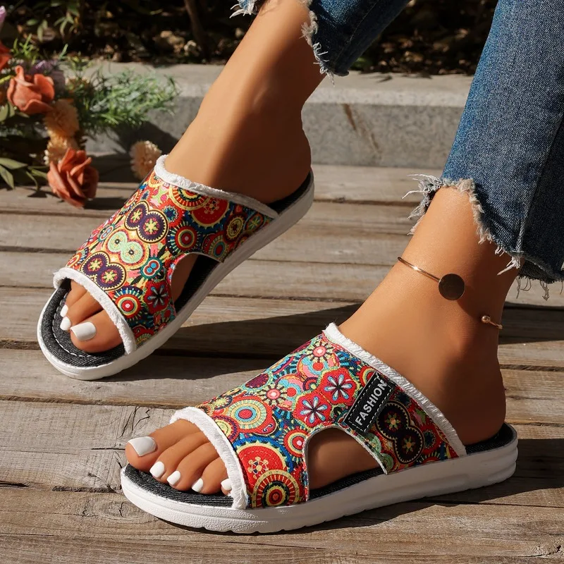 Women Bohemian Ethnic Floral Print Slide Sandals Fringe Trim Open Toe Platform Flat Slip on Beach Walking Slippers