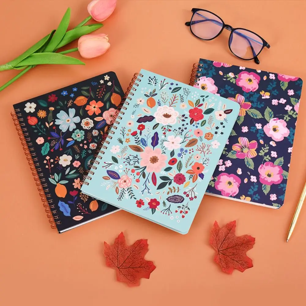 Memo Notes Spiral Notebooks Floral Diary A5 Coil Notebook with Plastic Waterproof Cover Protect Eye Paper Loose-leaf Book School