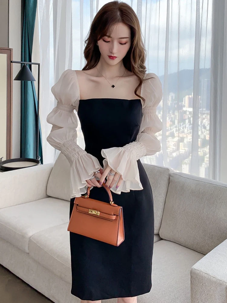 Spring Women's Clothing Sweet Organza Panelled Lantern Ruffles Long Sleeve Square Collar Slim Dress Party Street Vestido Mujer