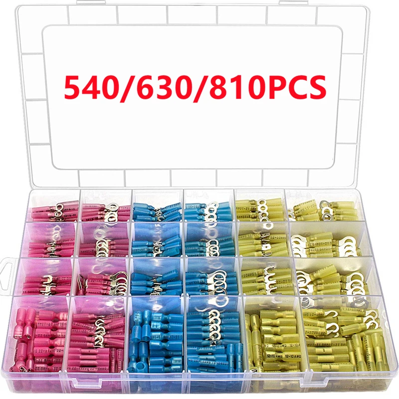 810/630/540pcs Heat Shrink Wire Connectors Waterproof Electrical Terminals Kit Crimp Cable Ring Fork Spade Butt Splices