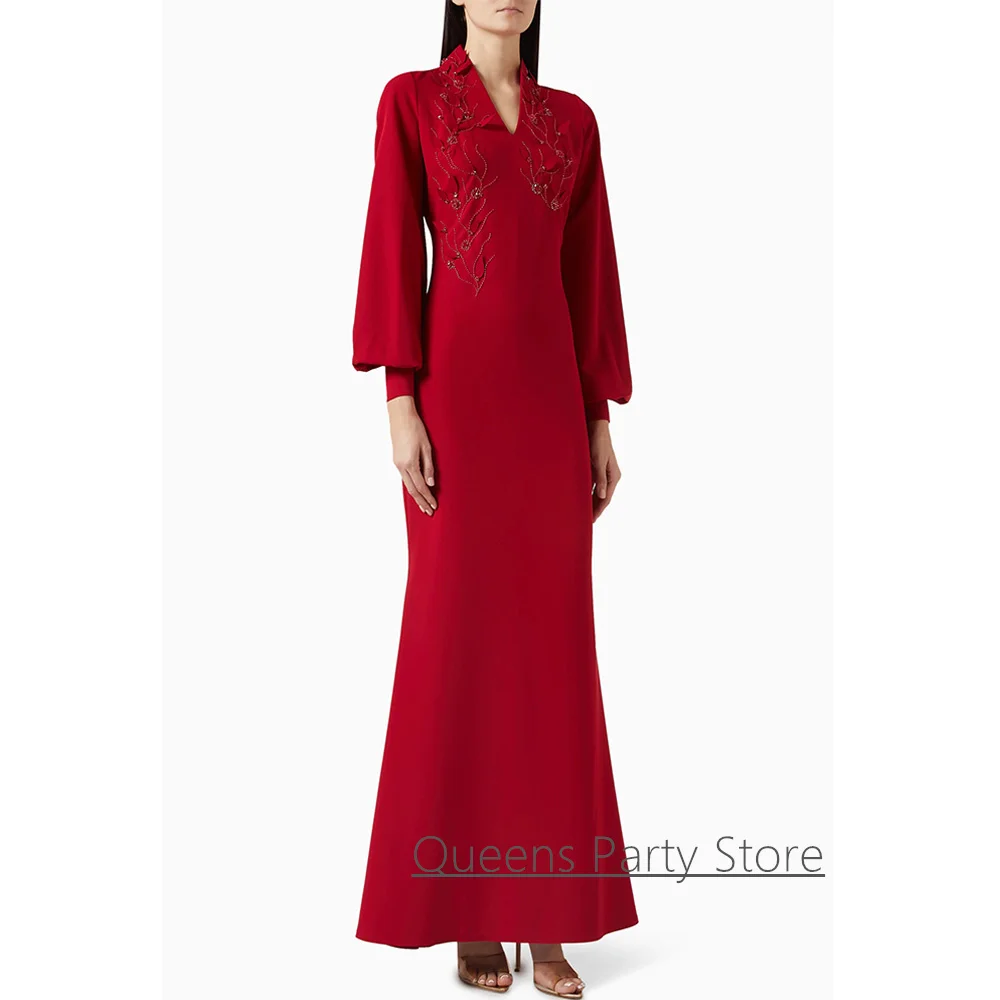 

Puff Sleeves Red Mermaid Evening Dress Customized Small V Neck Beading Leaves Ankle Length Arabian Formal Prom Gowns