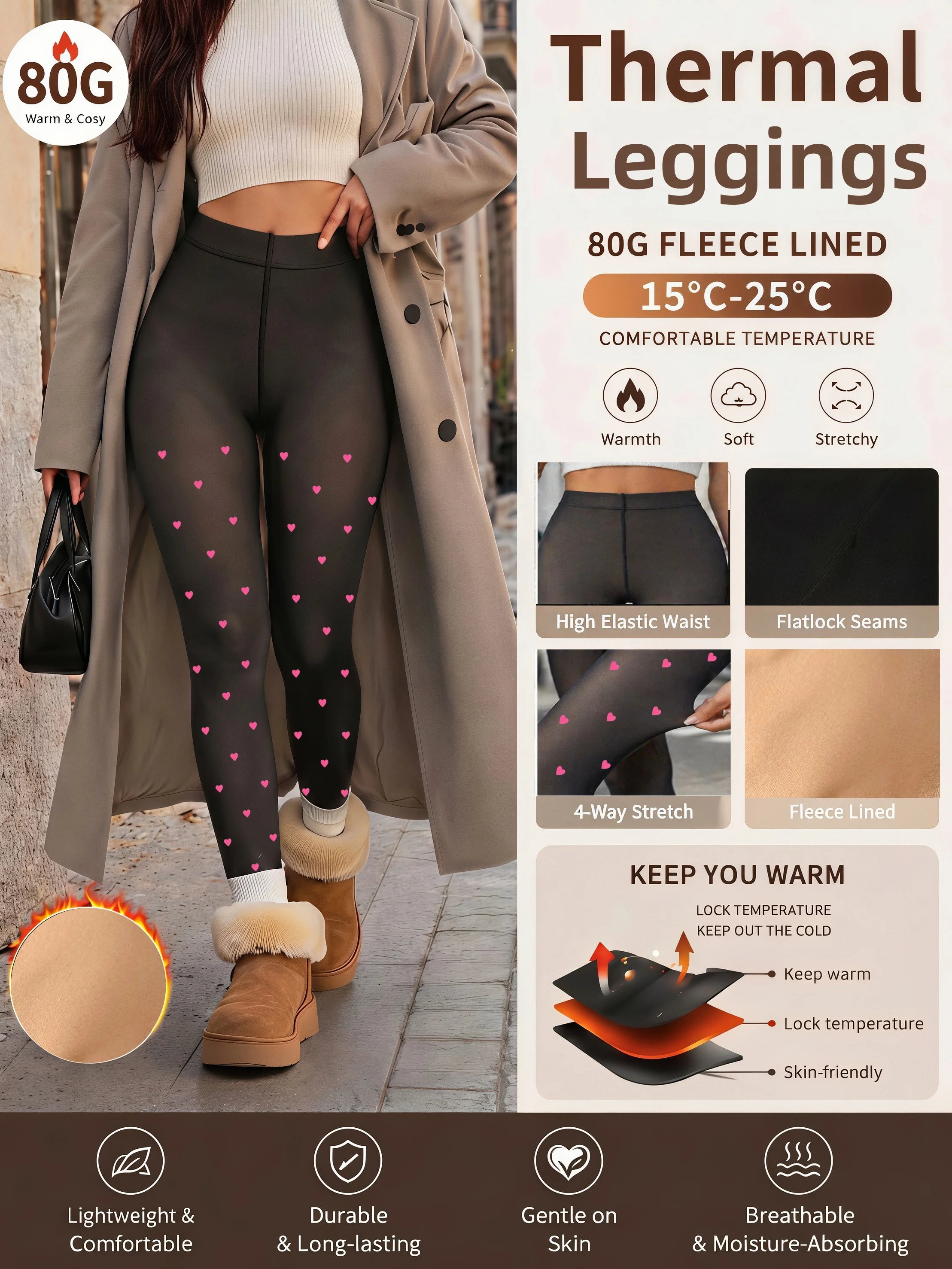 1-Pack 80G Heart Print High Waist Thermal Tights 4-Way Stretch Skinny Pantyhose for Fall Winter Streetwear Daily Casual Wear