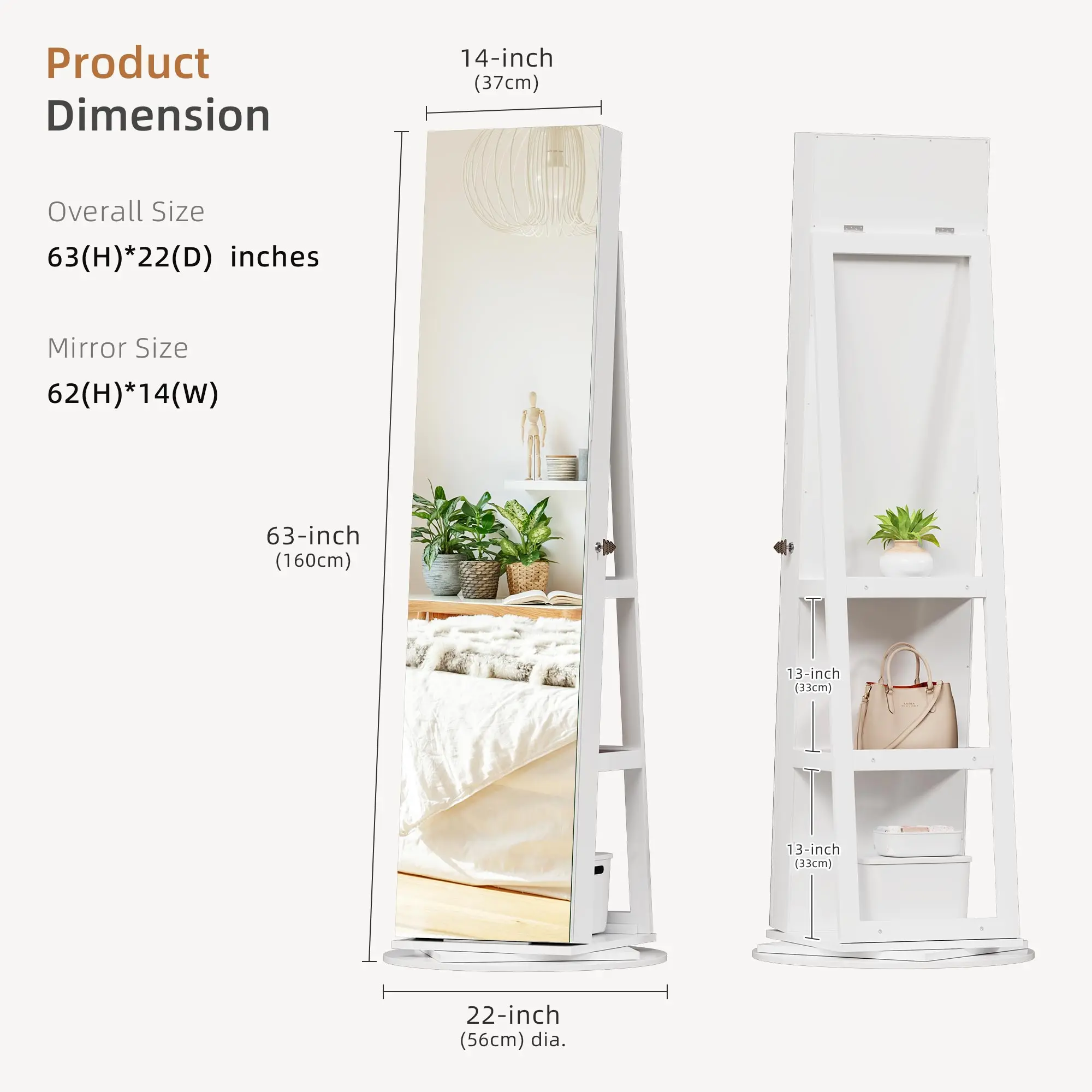 JDPAG 360° Swivel Jewelry Cabinet with 3 Lights, Full Length Mirror with Storage, 63” Large Standing Jewelry Armoire