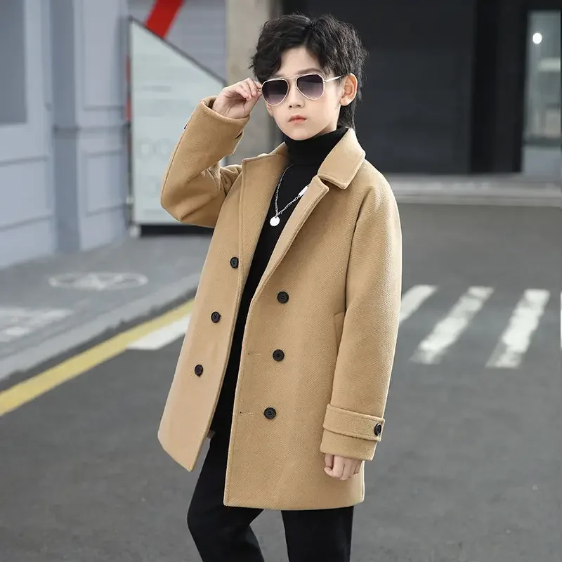 Boys Wool Coat Autumn Winter Children's Jacket Fashion Turn Collar Plaid Keep Warm Outerwear Teenage Clothes 2024 New 5-14Year