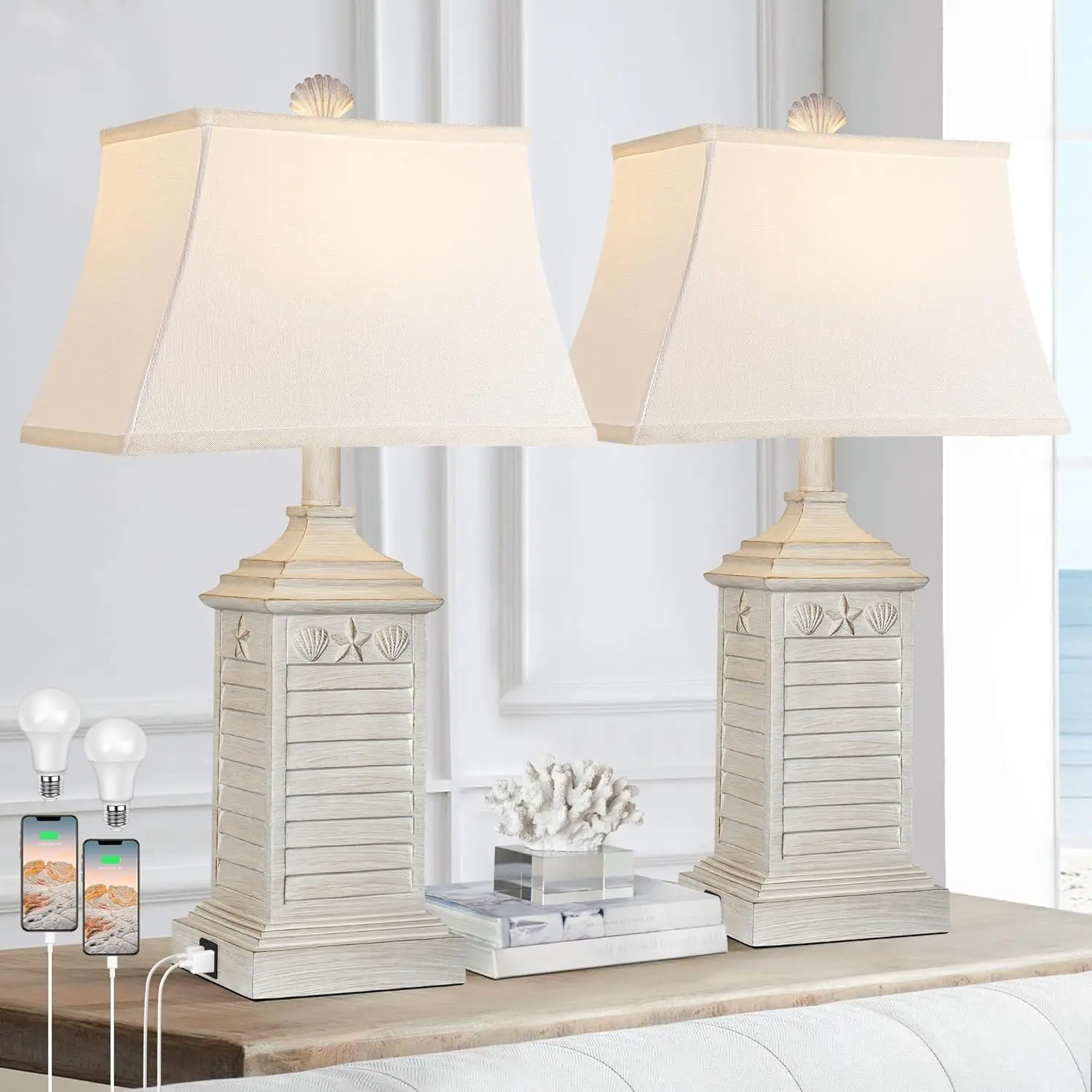 

Coastal Table Lamps Set of 2 with USB A+C, Modern Resin LED 3-Color Temperature Bedside Nautical Decor for Bedroom