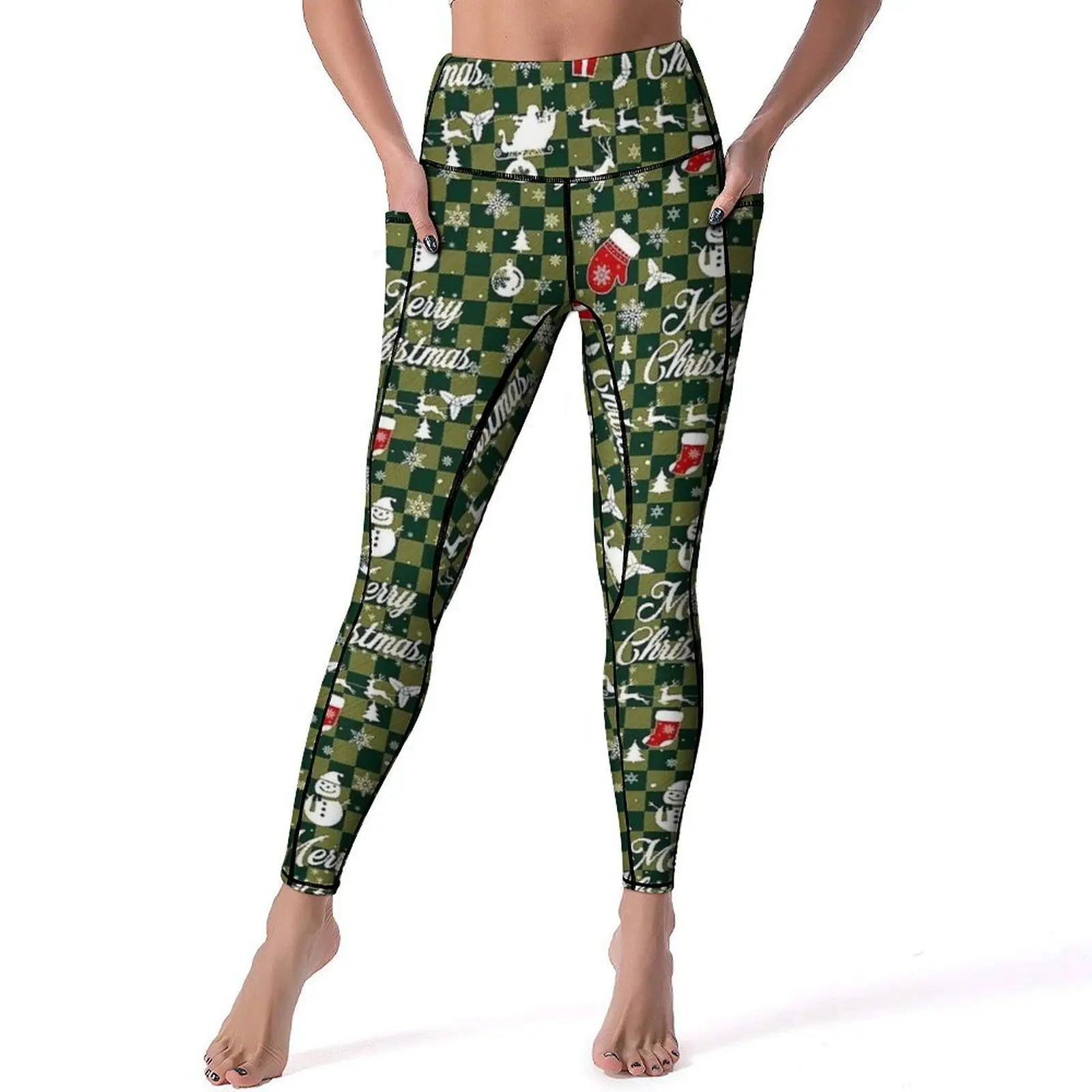 

Christmas Pattern Leggings With Pockets Green Plaid Graphic Yoga Pants Push Up Work Out Yoga Legging Women Quick-Dry Sport Pants