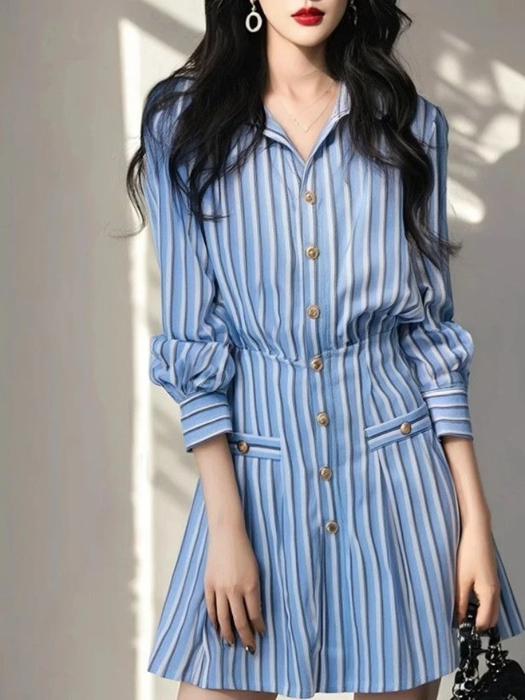 Vintage Blue Stripe Shirt Dress for Women Gold Buttons Cinched Waist Puff Sleeve Korean Fashion Spring Fall Elegant Robe