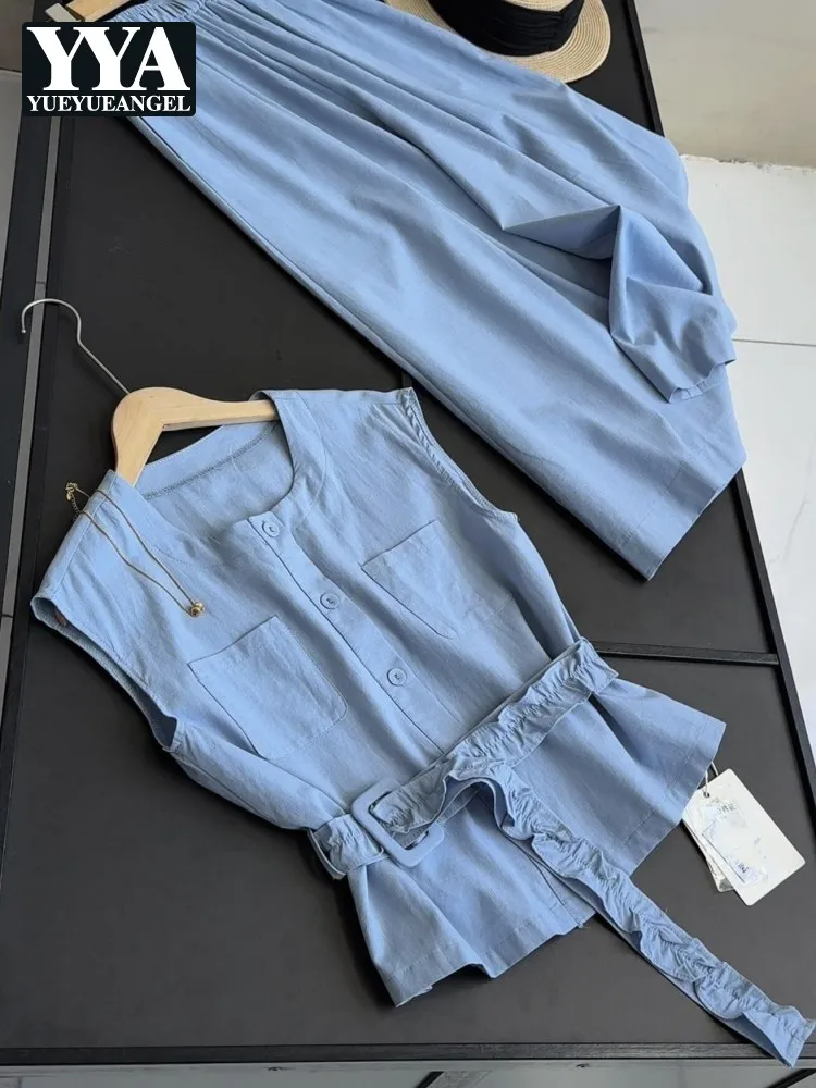 

Office Ladies Fashion Matching Set Outfit New Summer Women Solid Color Sleeveless Shirt High Waist Wide Leg Pants Two Piece Set