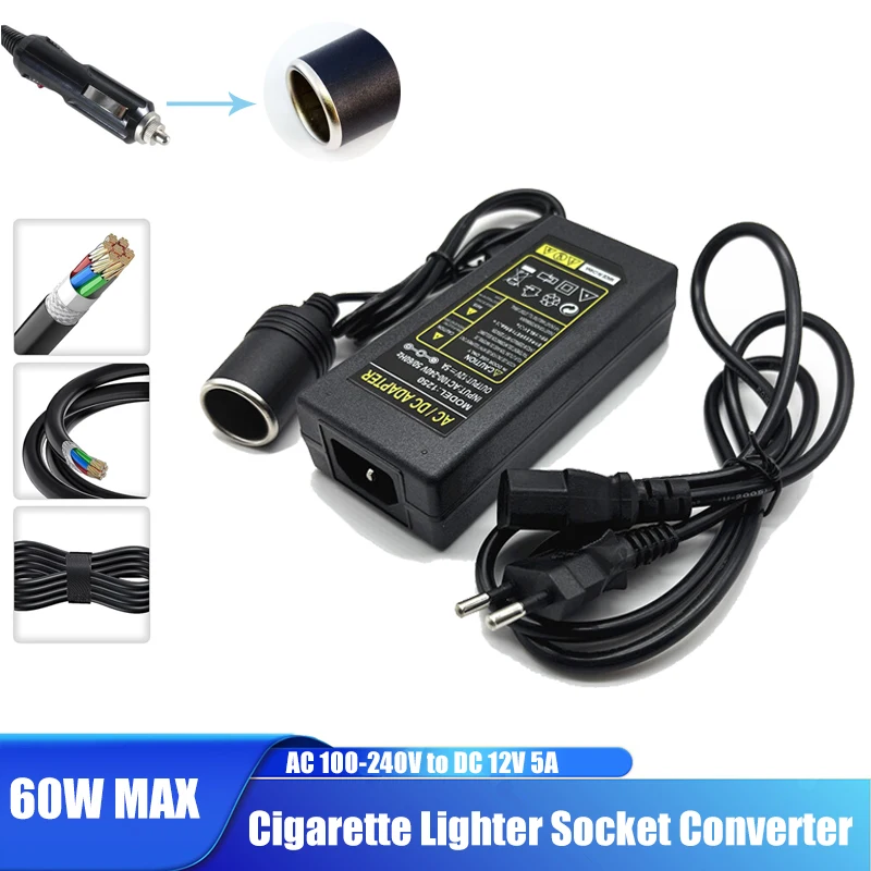 AC 100-240V to DC 12V 5A Car Cigarette Lighter Socket Adapter 60W Power Supply for Fan Air Pump Vacuum Cleaner Car Accessories