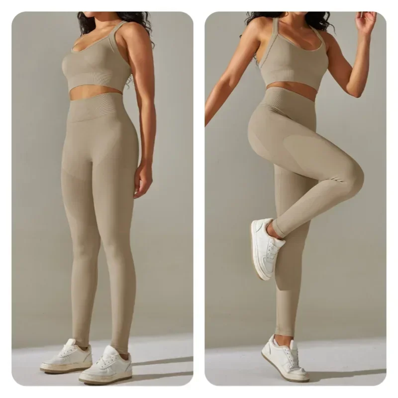 European and American Solid Color Seamless Knitted Cross Back Tight Yoga Suit Set for Sports Running and Fitness Cropped Pants