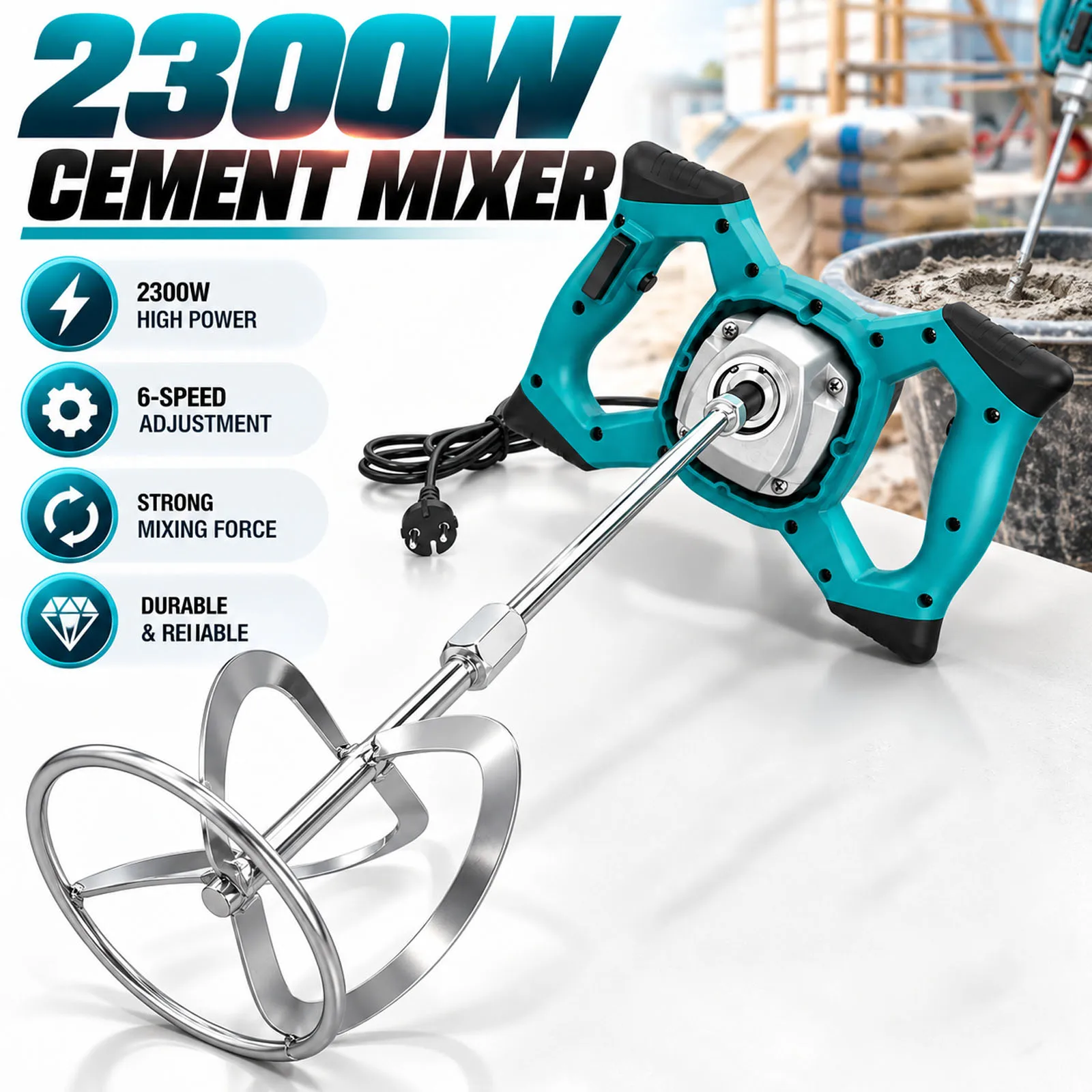 Mezcladora de Cemento Eléctrica de 2300W, 6 Velocidades Ajustables, Mezcladora de Concreto Manual, Agitador de Mortero y Pintura para Mezclar Yeso y Lechada, Herramienta de Construcción