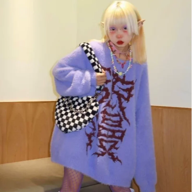 

Japanese subculture Y2K Harajuku punk style women's sweater autumn/winter millennium spicy girl loose long sleeved sweater emo