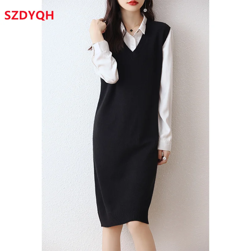 Hot Sale Autumn Winter New Women Dresses Sleeveless Long Sweater Waistcoat 100% Pure Wool Knit Pullover Lady Loose Warm Vest