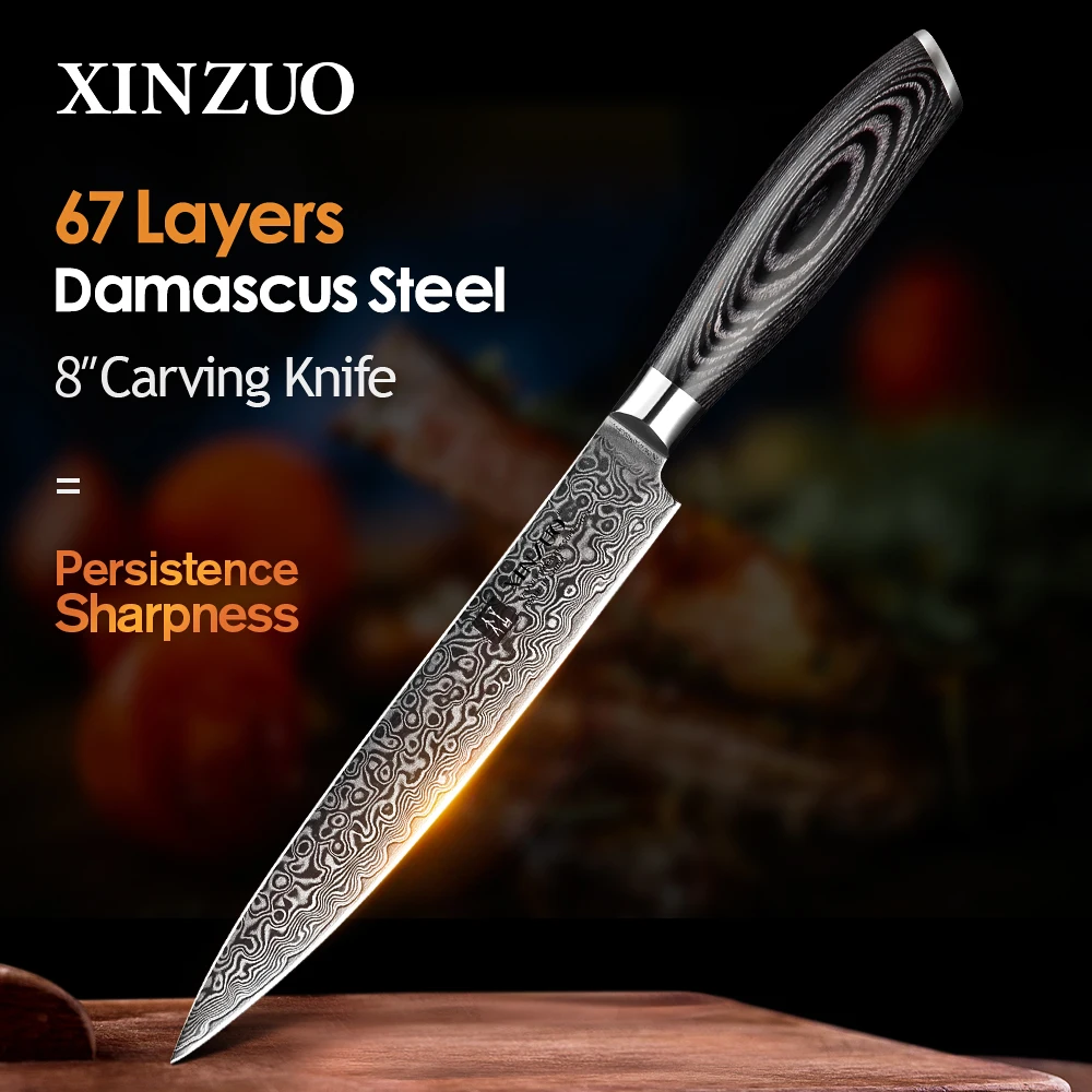 

XINZUO 8-дюймовый нож-тесак для мяса, высокоуглеродистая немецкая сталь, дамасская нержавеющая сталь, кухонный нож, нож для сашими, ручка из пакавуда