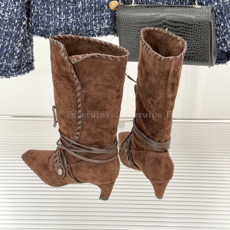 موضة ريترو النساء حذاء من الجلد أشار تو كعب منخفض أحذية بوت قصيرة جلد الغزال مشبك حزام تصميم أنيق جودة الأحذية الغربية #5
