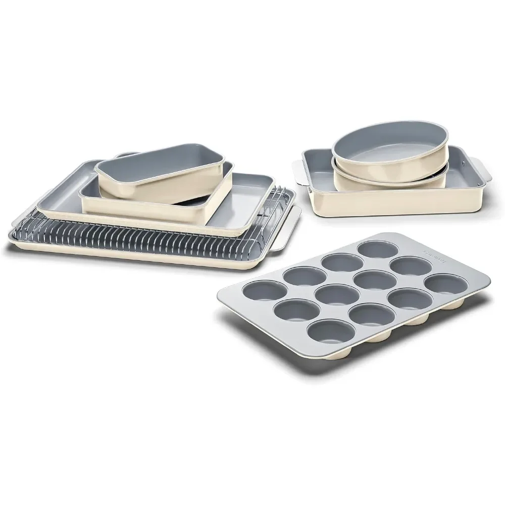 Nonstick Ceramic Bakeware Set (11 Pieces) - Baking Sheets, Assorted Baking Pans, Cooling Rack, & Storage - Aluminized Steel Body