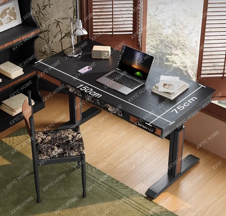 A  Electric Lift Computer Desk Solid Wood Writing Desk with Drawers