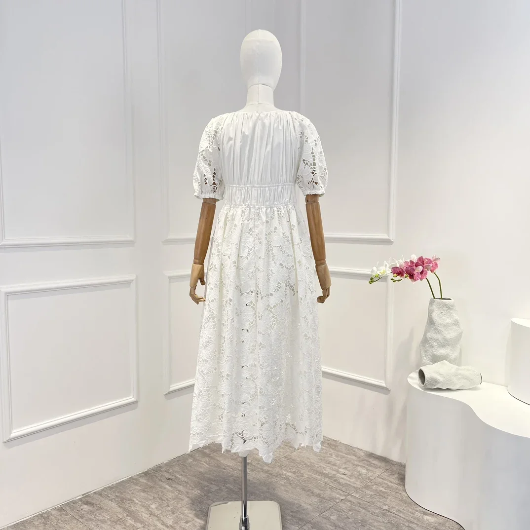 2023 Summer New White Cotton Lace Flower Embroidery Ruched Bodice Midi Elegant Dress for Women