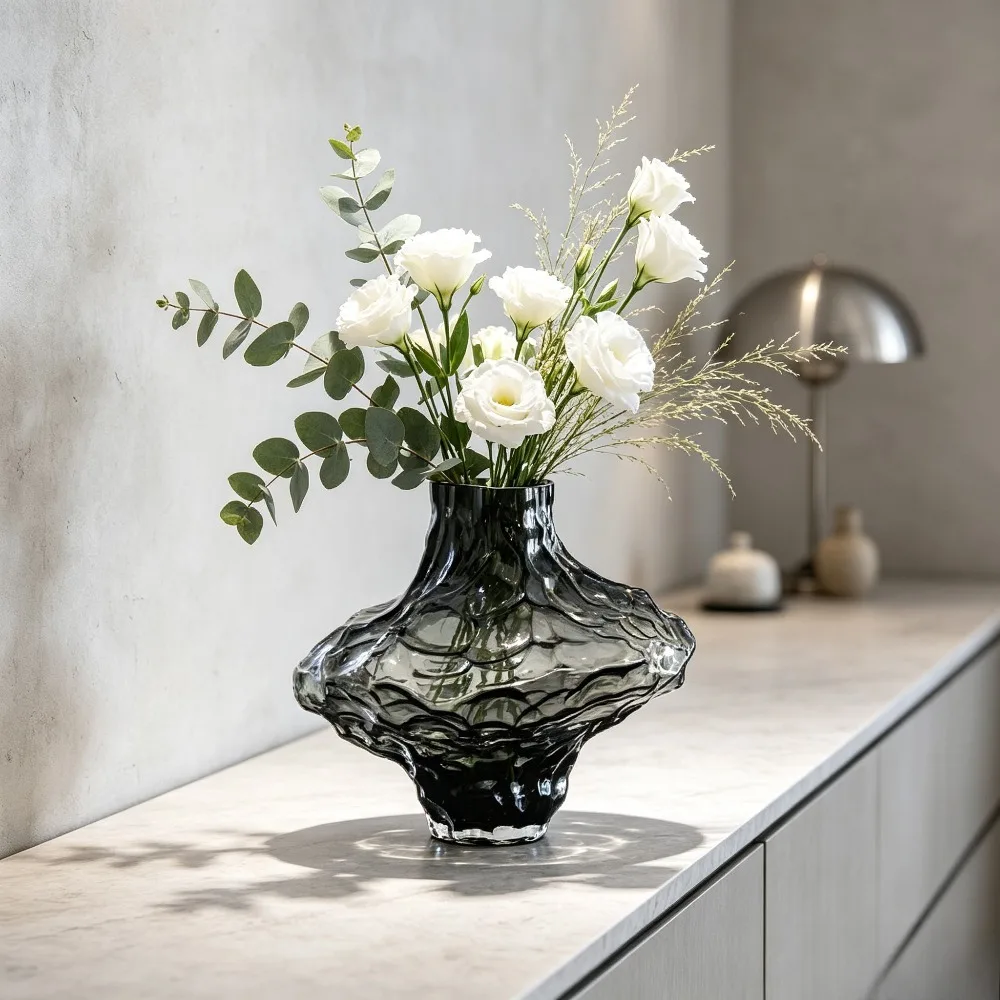 Irregular Glacier Texture Glass Vase Wide Body Floral Container Modern Nordic Style Living Room Desktop Home Decor Ornament