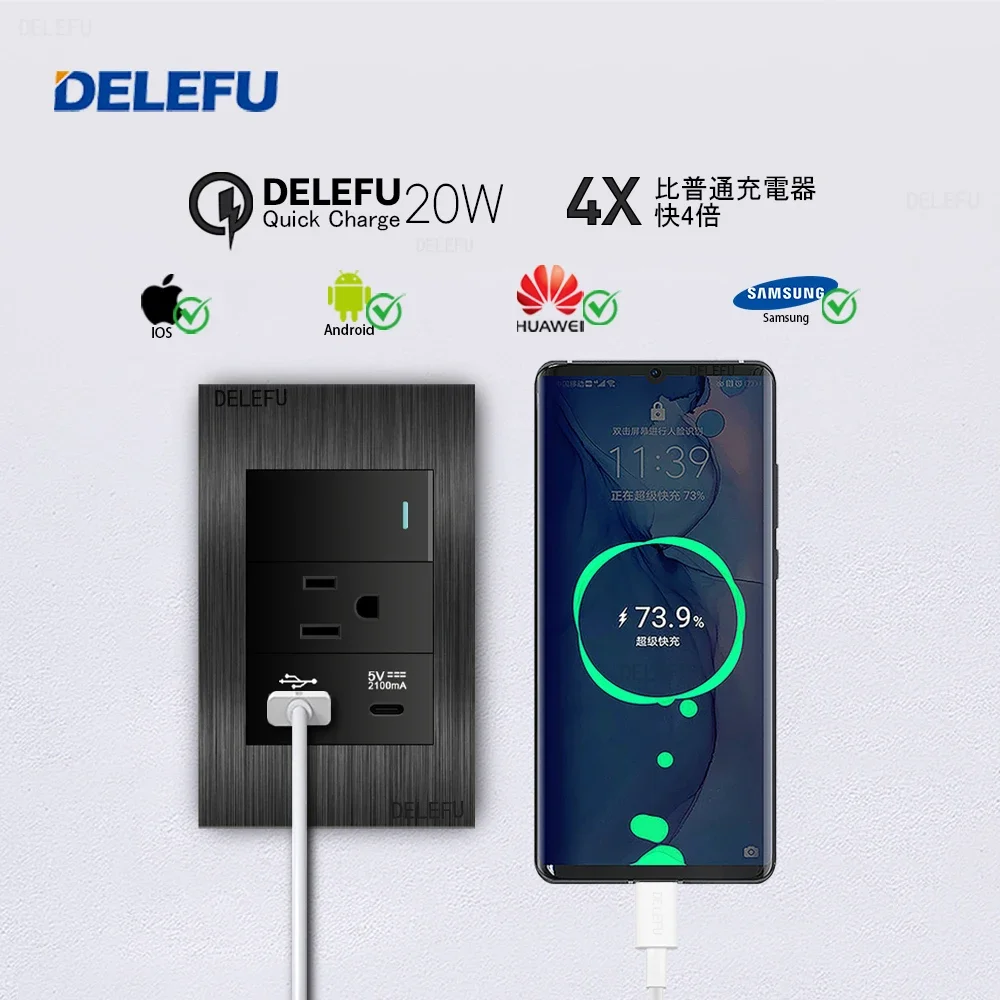 DELEFU Black Aluminium Wire USb Type C US Standard Outlet Mexico America Plug 118*72mm Wall Power Socket Light Switch Contacts