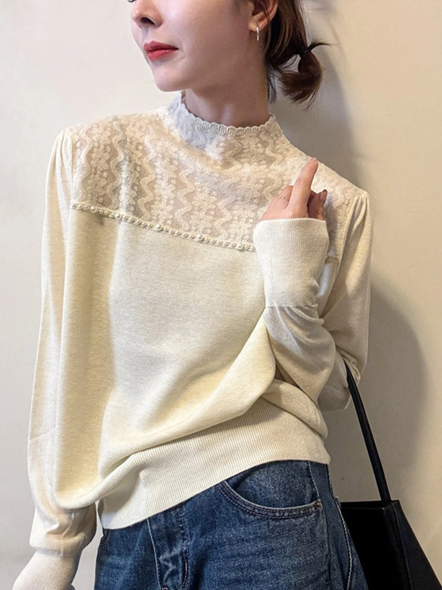 Hiver décontracté polyvalent trajet Long Sve tricoté Design Sense Bead embelli aérien f col haut couche de base haut pour...