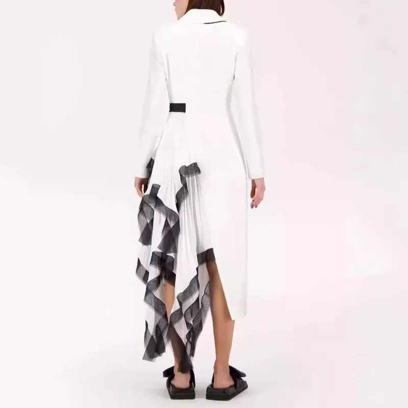 HKSH 秋の新女性トレンディなロングドレスニッチデザイン非対称プリーツフリルパッチワークブレザーエレガントでスタイリッシュなドレス HK10050