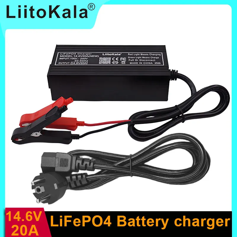 Carregador Inteligente LiitoKala 14.6V20A Adequado para Bateria LiFePO4 4S 12V, Carregador Universal para Cadeira de Rodas Elétrica