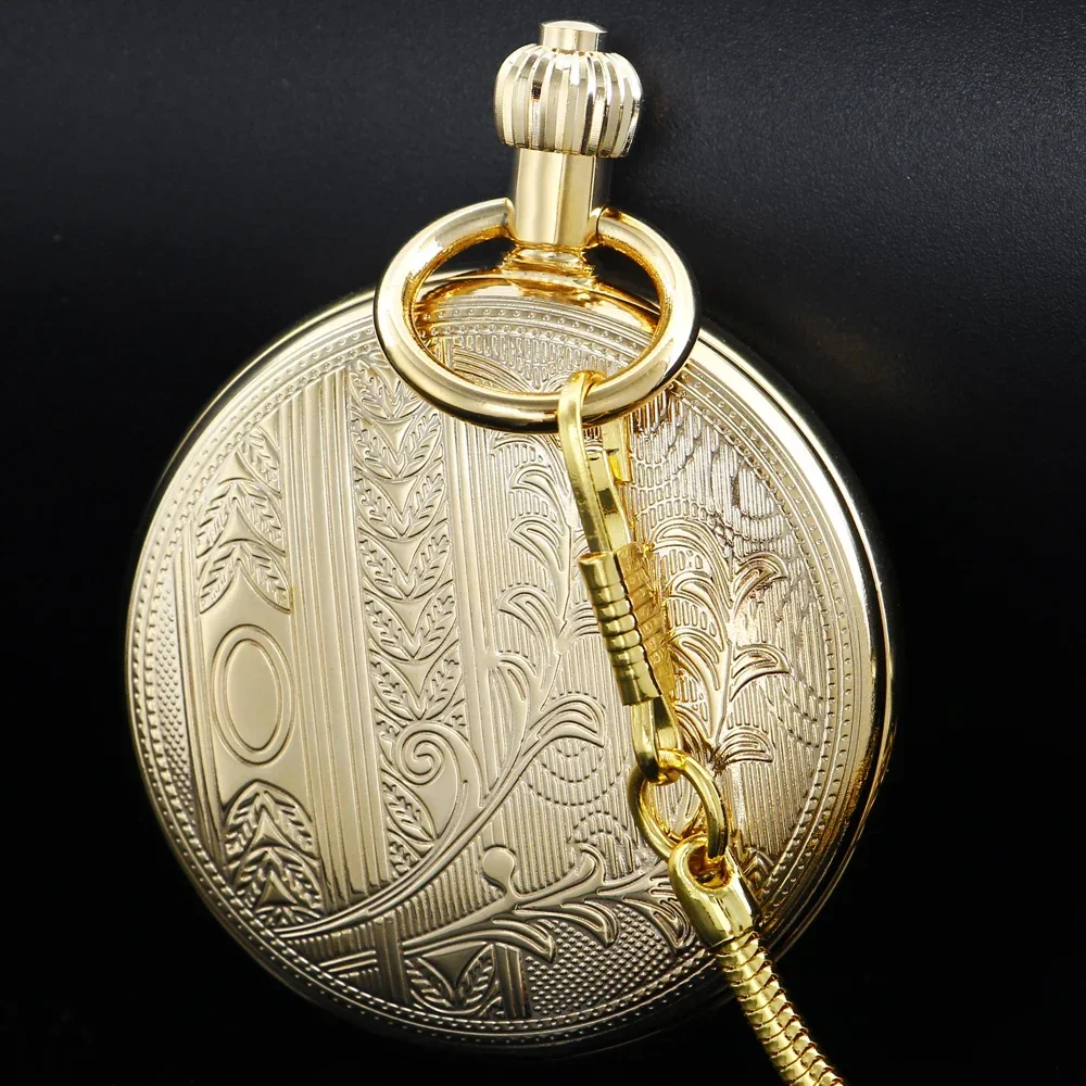 Golden Copper Mechanical Self-Wind Men's Pocket Watch Antique Gift Moon phase Roman Numerals Dial Fob Chain Pendant Timepiece