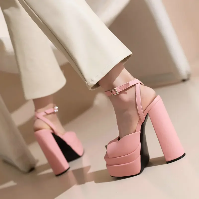 Chic Silver Pink Peep Toe Sexy Party Wedding Bride Heels Pumps Summer Stiletto Sandals Platform Block High Heeled Shoes Women