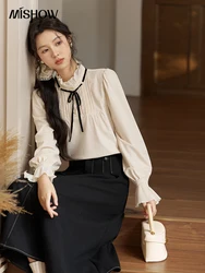 MISHOW French Milled Blouse Women Elegant Ruffled Edge Collar Long Sleeve 2024 Autumn New Korean Lace-up Bow Tops MXD34X1688