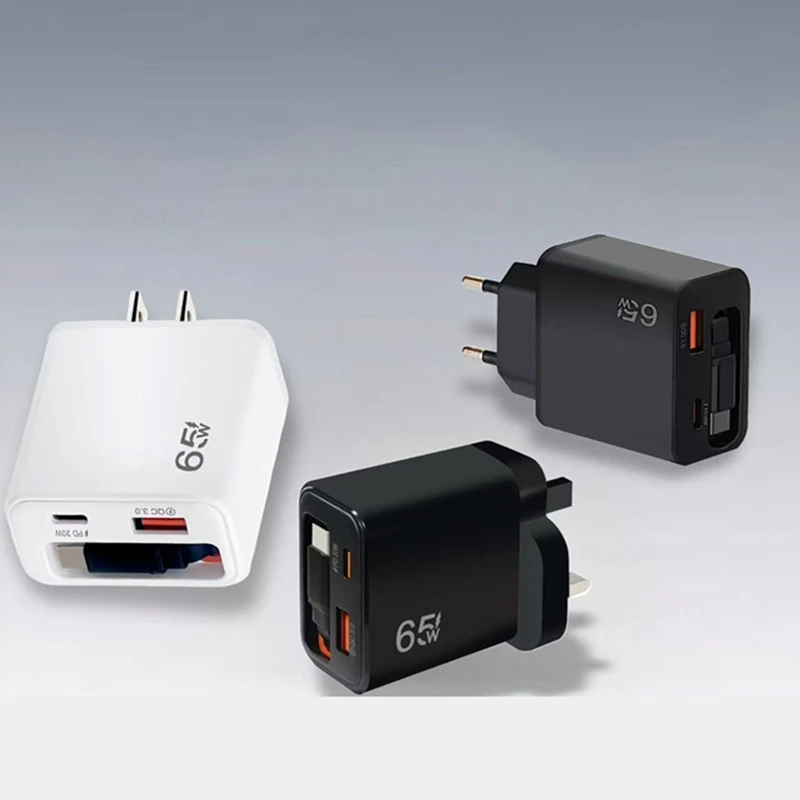 

65W Super Fast Charge Type C USB Phone Charger With Retractable USB C Cable For Iphone 17 16 15 Samsung Xiaomi