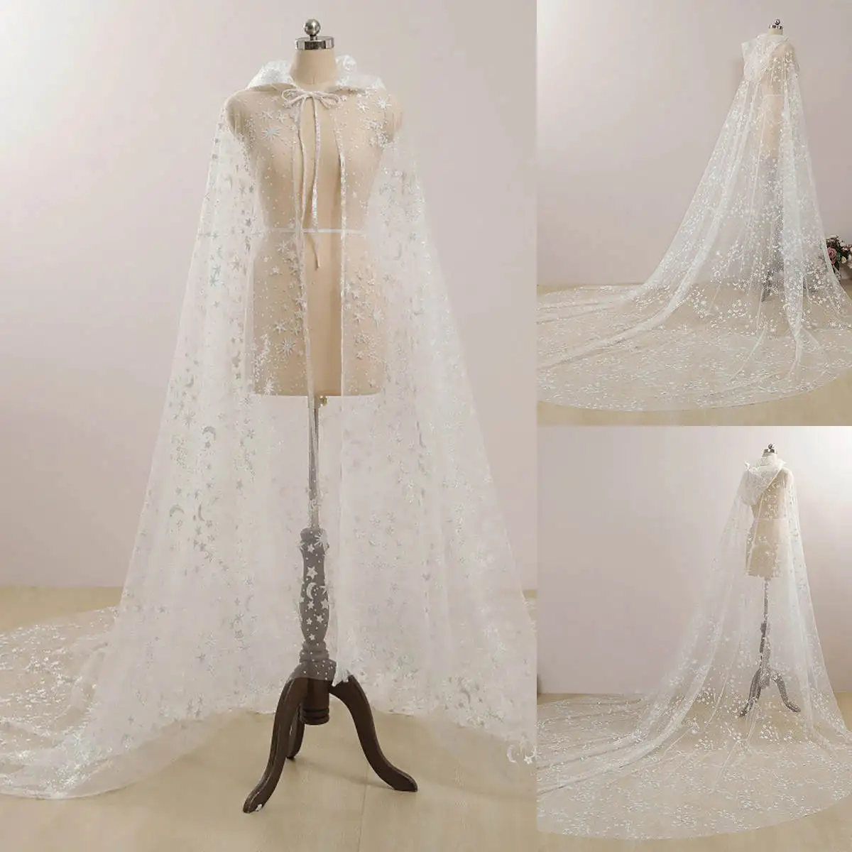 

Illusion Long Wedding Wrap Appliques Sequins Sleeveless Hooded Bride Shawl For Strapless Bridal Dress High Quality Custom Made