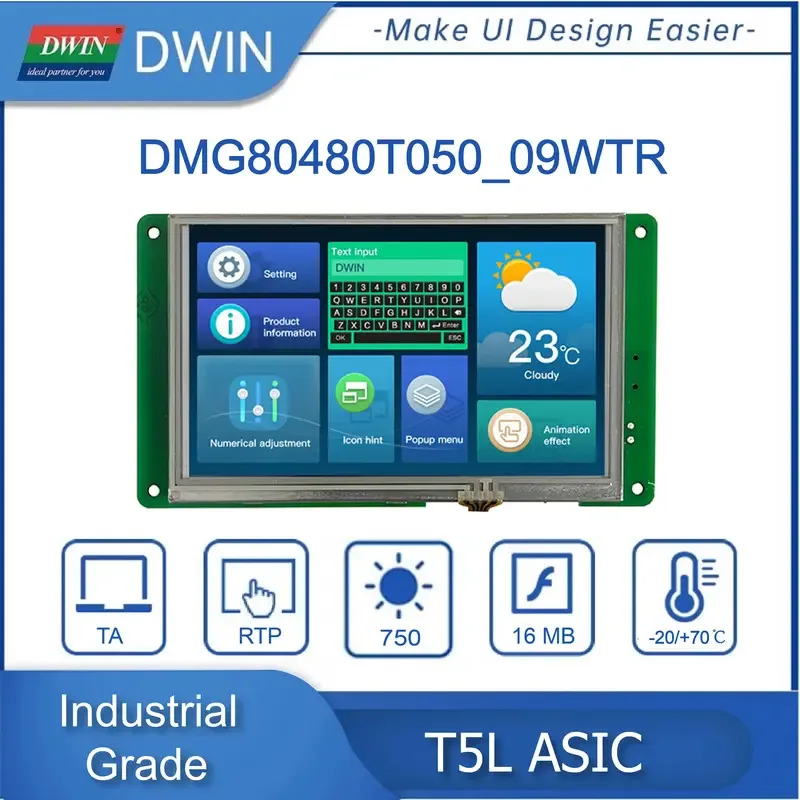 DWIN 5,0 inch 800*480 HMI/TFT/LCD/IPS Model: DMG80480T050_09W (industriële kwaliteit) RTC/Buzzer TTL/RS232 UART2/UART4